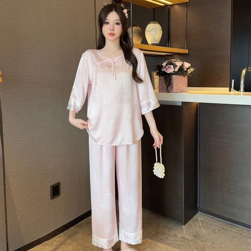 Spring and Summer Ice Silk Pajamas Women's New Chinese-style Fringed Jacquard Thin National Style Silk Loungewear Suit Antique Design