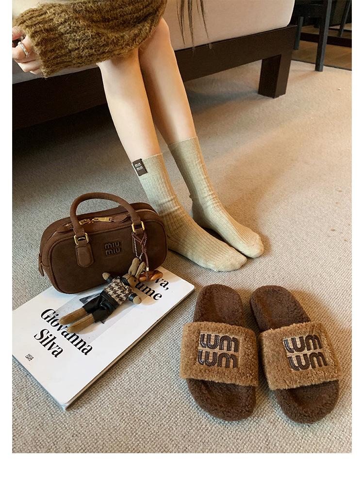 Wool version~ miu wind leather thick-soled fluffy shoes women's winter Boken outer wear warm cotton shoes Boken fluffy slippers