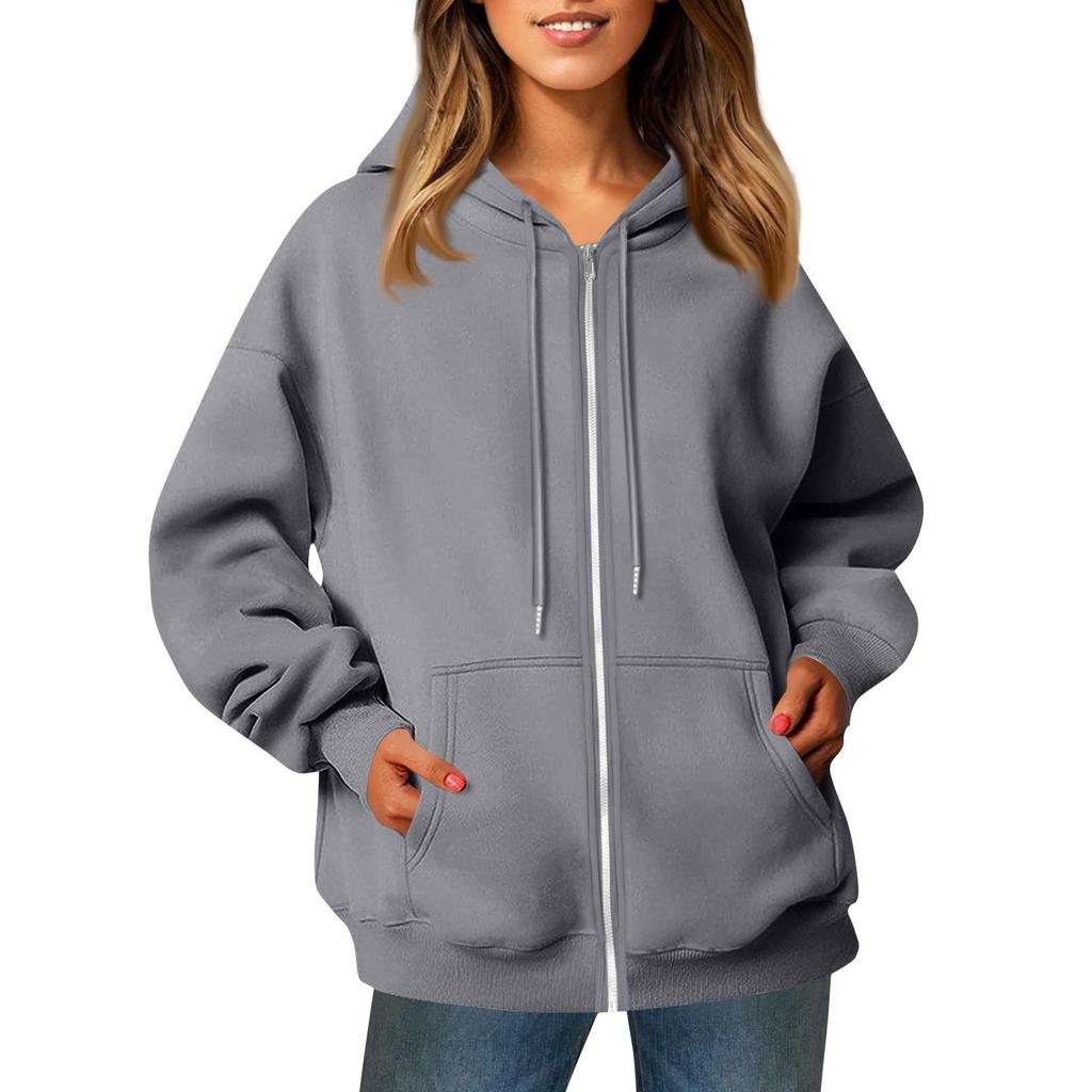 Damen Casual Fashion Solid Color Langarm Tasche Reißverschluss Kapuze Kordelzug Sweatshirt Jacke