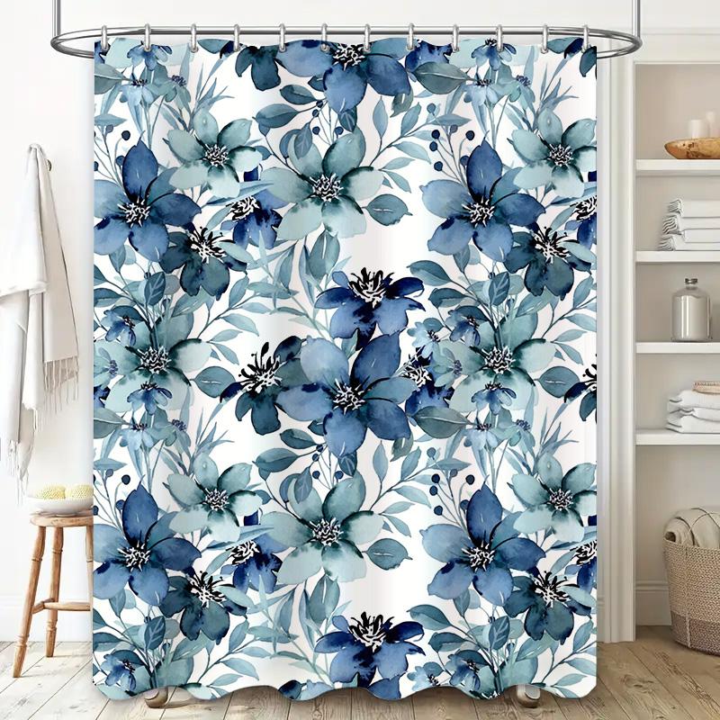Handmade shower curtain with navy blue flowers pattern for bathroom decor waterproof fabric for bathtub area