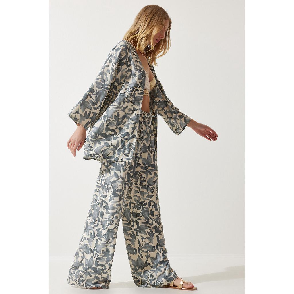 Zestaw damskich spodni kimono palazzo w kolorze pomarańczowym, wzorzystym En00614