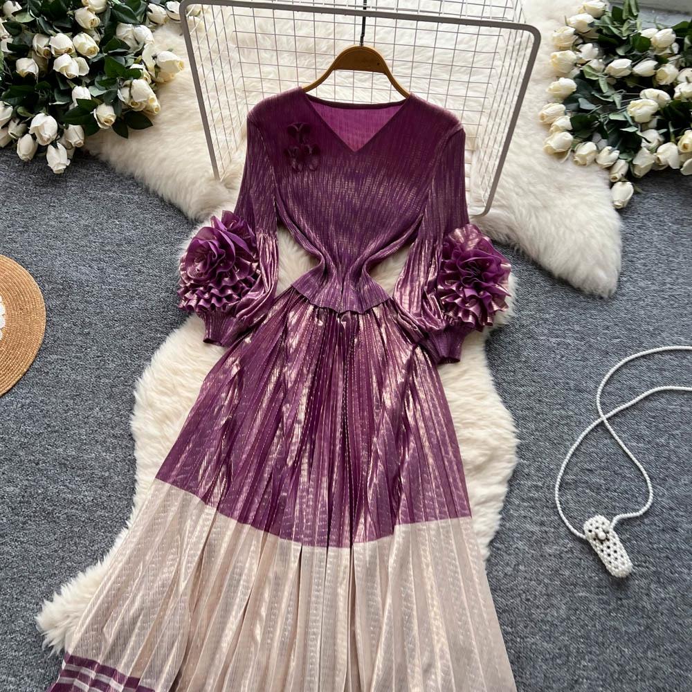 Wiosna Jesień Kobiety Luksus Plus Size Plisy Miyake Kwiat 3D Oversize Luźna Długa Sukienka Maxi Party Plisowana