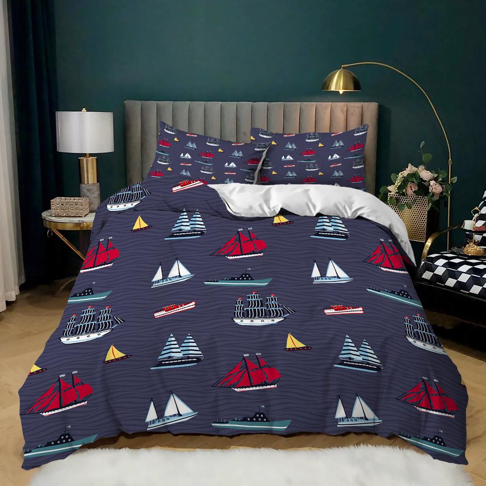 Maritim Båt Segel Havsblå Påslakan Sängkläder Set Täcke Linne Örngott För Barn Vuxna Enkel Dubbel King Queen
