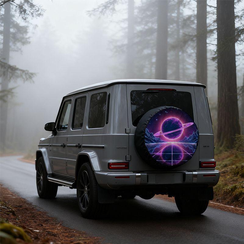 Fit Retro-Futuristic Cyber Tire Cover With Reflective Mesh & Starry Sky Purple Planet Design - Suitable For Car Tires, Spare Whe