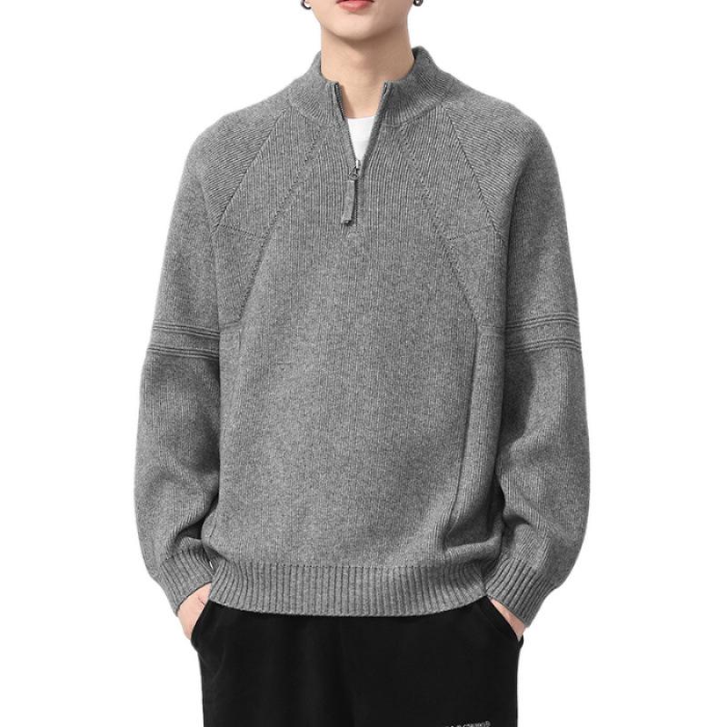 2025 Men's Autumn/Winter Half-High Collar Zipper Sweater - Loose Fit, Solid Color Pullover Knitwear