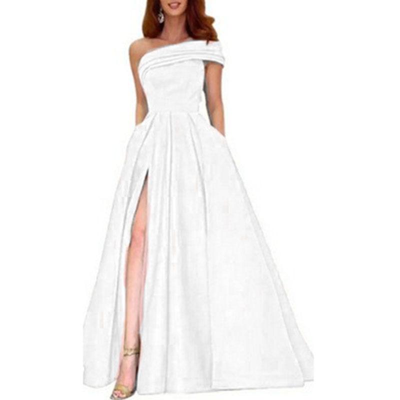 Single shoulder satin dress evening dress birthday party tutu dress green split end sexy dress