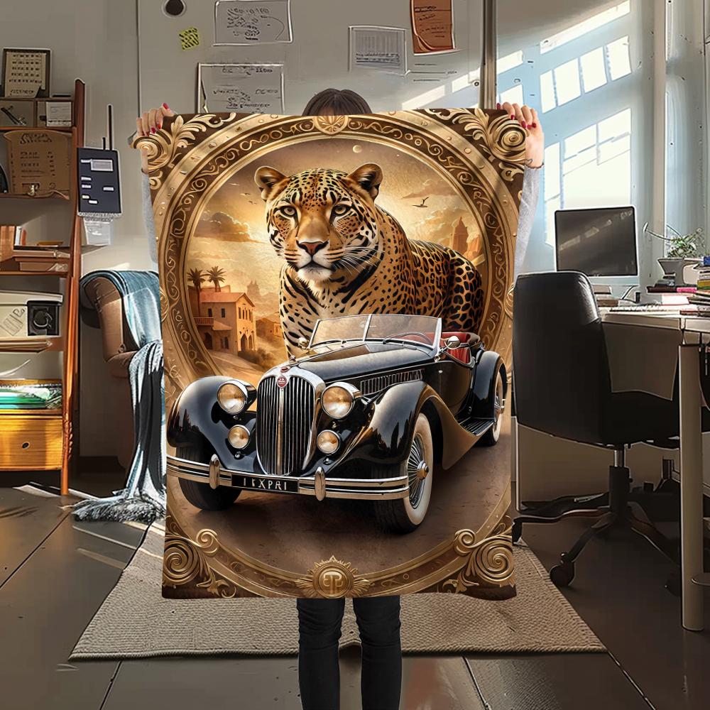 1Pc Leopard and Car Print Flannel Blanket, High Quality Comfortable for All Seasons, Home Decor, Warmth and Comfort, Perfect for Gifts