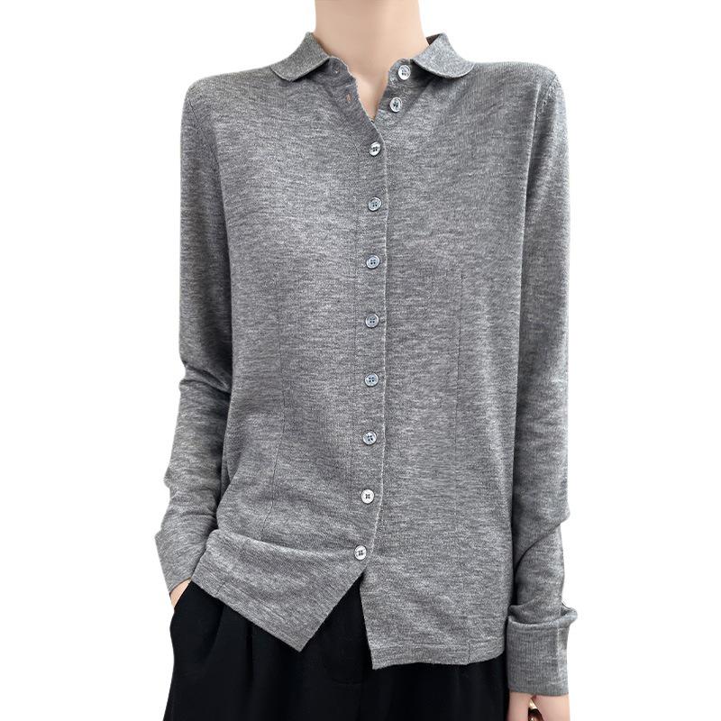 2025 Early Autumn Merino Wool Polo Collar Knit Cardigan, Long Sleeve Solid Color, Loose Fit Versatile Shirt