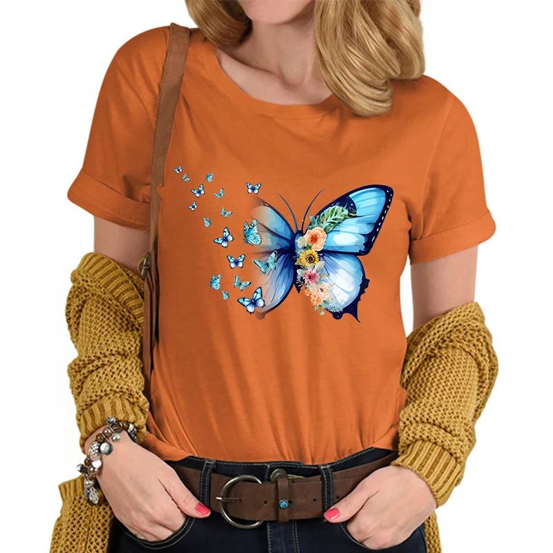 Flower Butterfly Lover Casual Tops Vintage Flower Design Tshirt Female Butterfly Print Premium Casual Short Sleeve TShirt Women