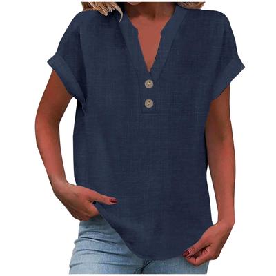 2025 Women's Solid Color V-Neck Buttoned Cotton-Linen Short-Sleeve Top