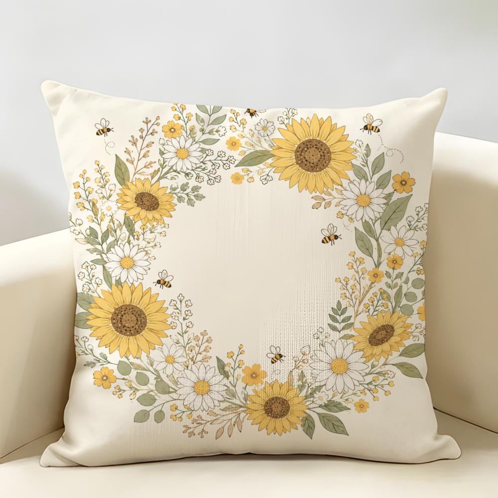 Floral Sunflowers Daisies Bees Butterflies Cushion Cover Durable Hypoallergenic Linen Pillow Cover Washable SkinFriendly