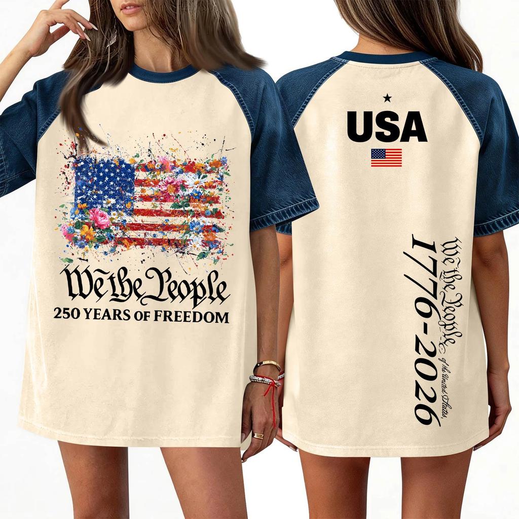 Women's Denim Patchwork Top,  Casual Short-sleeved Comfortable T-shirt,  Fashionable For Spring And Summer.