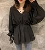 2025 Korean V-Neck Lantern Sleeve Waist-Cinching White Casual Chic Shirt for Women