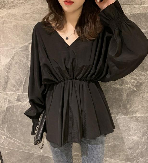 2025 Korean V-Neck Lantern Sleeve Waist-Cinching White Casual Chic Shirt for Women