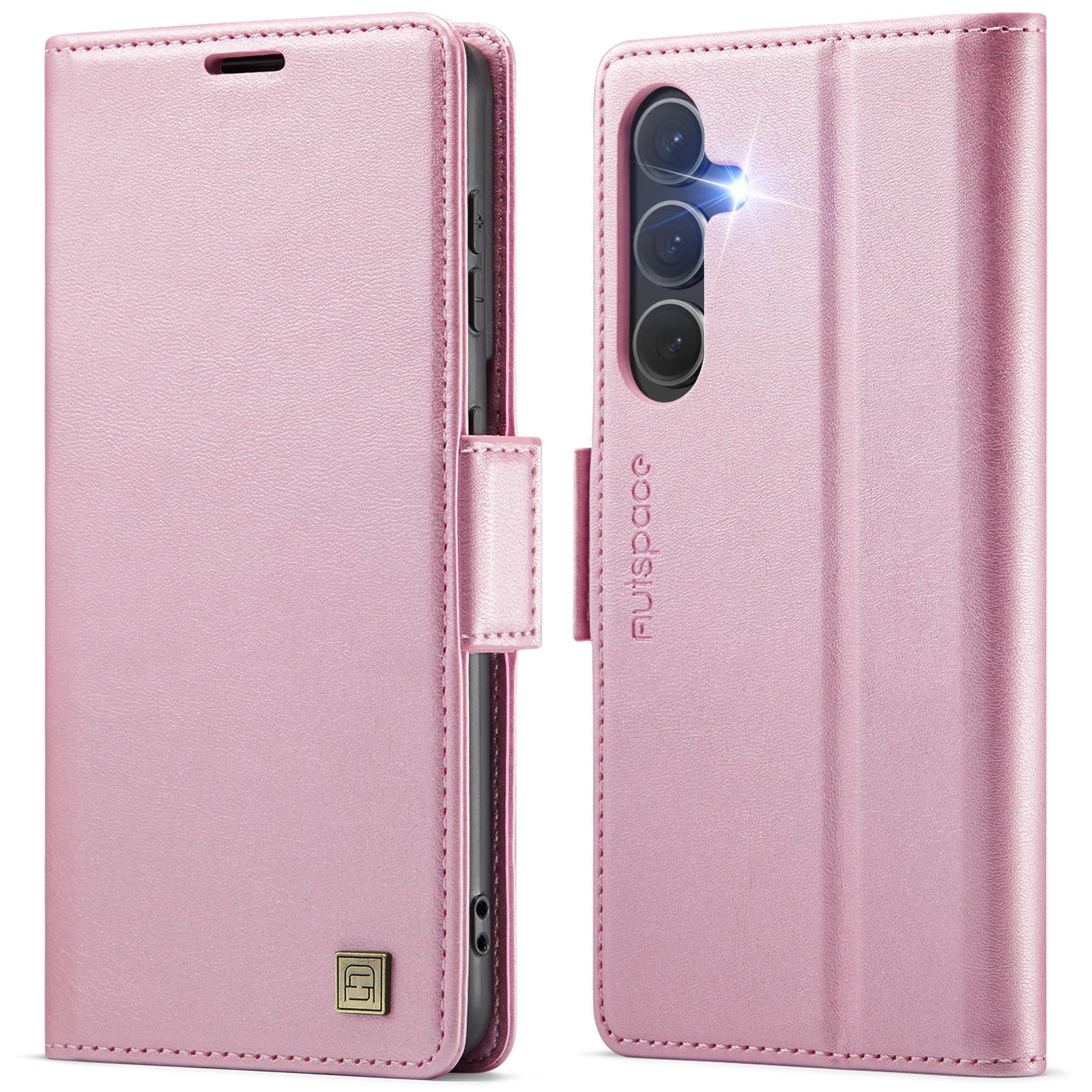 

For Samsung Galaxy S25+ Case AUTSPACE A11 RFID Blocking Retro Leather Cell Phone Wallet Cover Pink