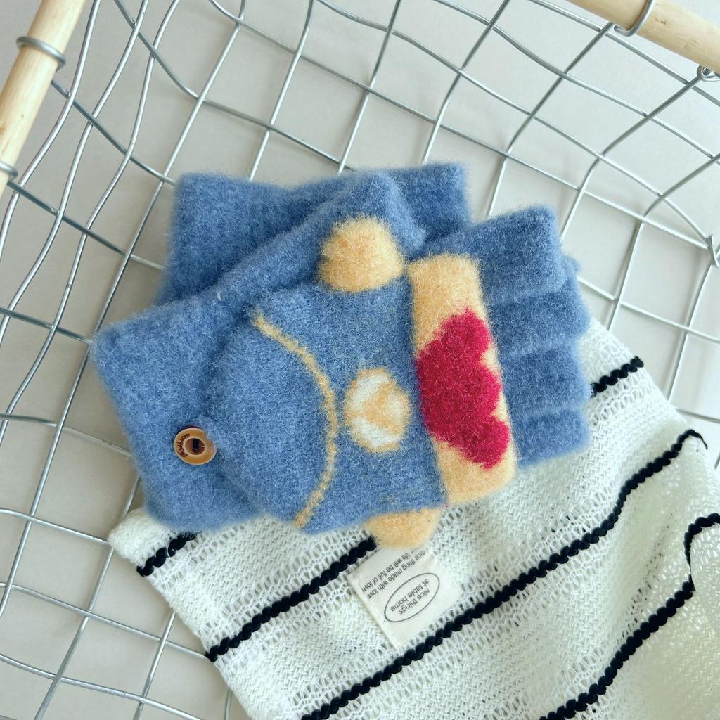8-15 years old children's gloves cute cartoon cold-proof boys and girls knitted wool half-finger autumn and winter flip cover medium and old children