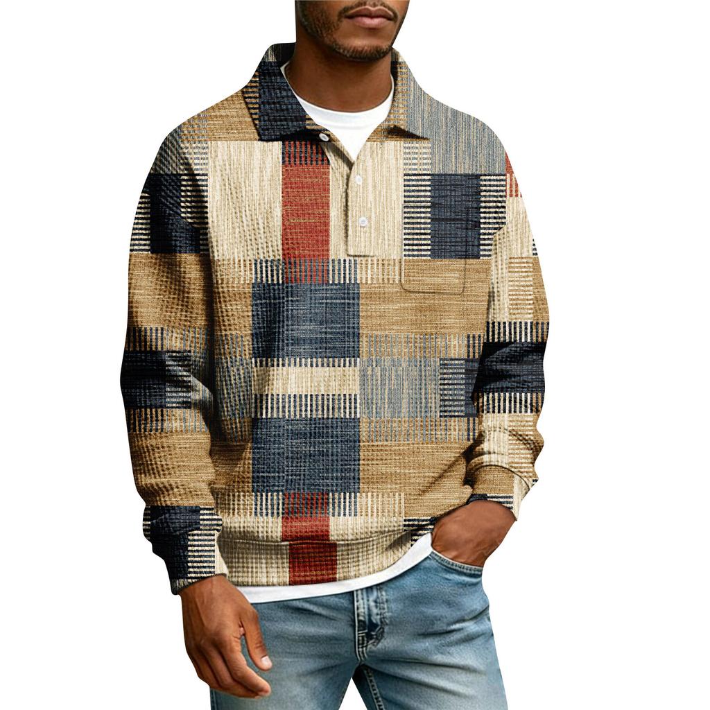 Men's Lapel Printed Single Breasted Pocket Long Sleeve Casual Sports T-Shirt