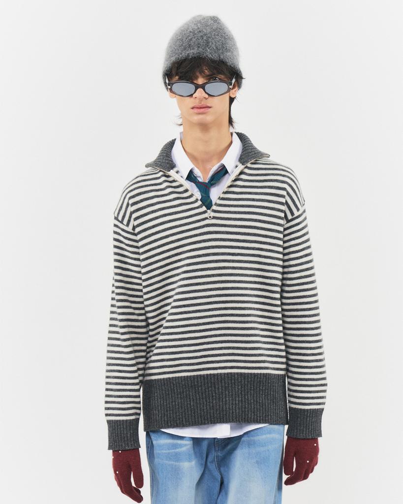 Beullusseonpeullawo Merino Wool Striped Half Knit Zip-Up - Gray