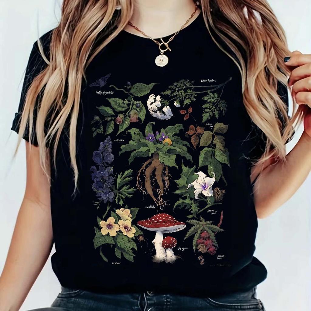 Mystical Nature Graphic T Shirt Unisex Bohemian Floral Crystal Mushroom Dragonfly Print Casual Short Sleeve Tees For Daily Wear