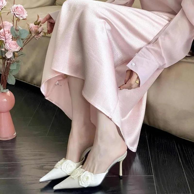 Fashion Pink Rose Flower Mules Stiletto Heels Pointy Toe Satin Slip On Summer Sexy Lady Elegant Dress Bride Wedding Sandals Slippers