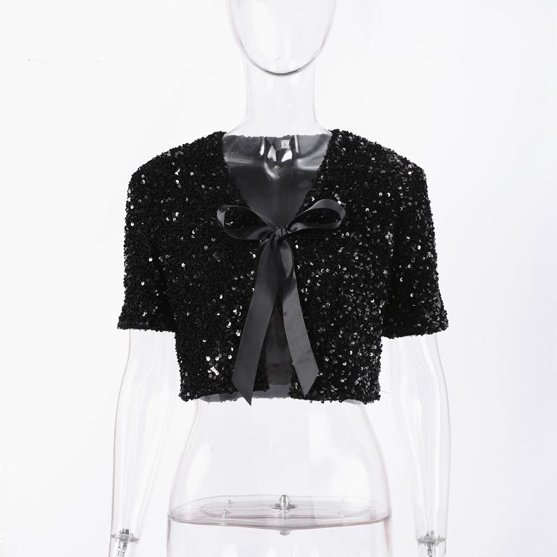 Bow Tie Lace Up Sequin Top Women's Short Sleeved V-neck Shirt Sweet Solid Color Blouses 2025 Spring and Summer Fashion