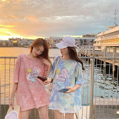 New Summer Bestie Cartoon Short-sleeved T-shirt for Women Loose Korean Style Student Tie-dye Clothes for Women