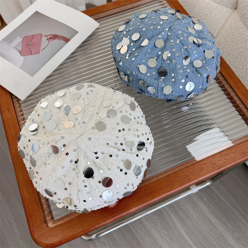 Fashionable Beret Hat For Women Summer With Sparkling Crystals Stylish Cloud Hat Head-widening Face-enhancing Trendy Artist Hat