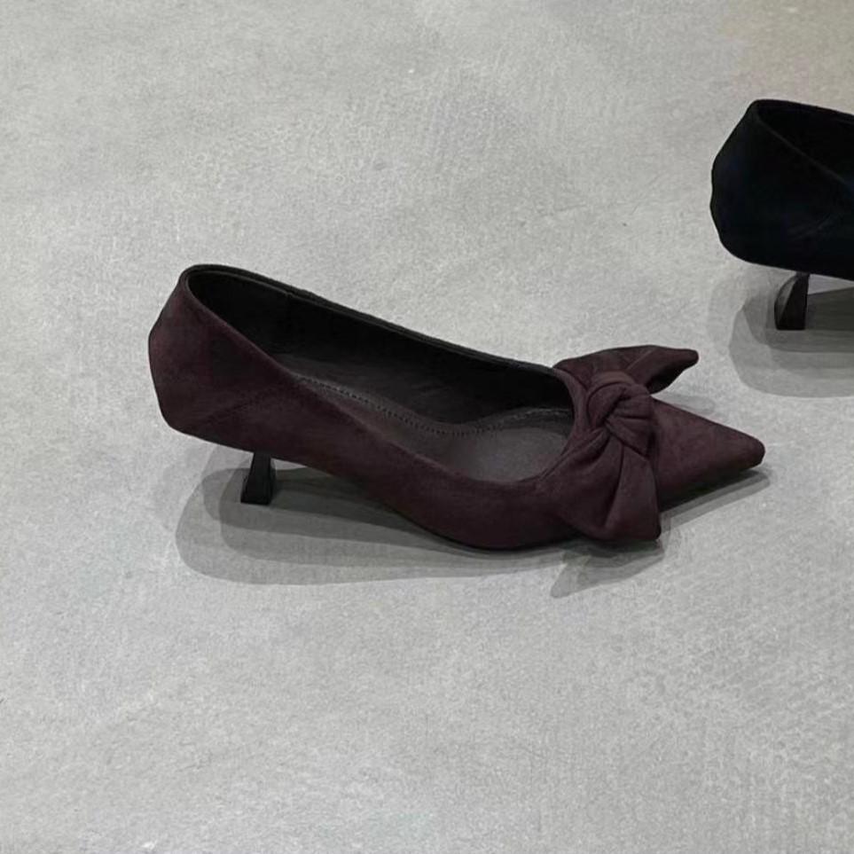 2025 autumn new pointed suede bow retro high heels women's fashion versatile stiletto commuter shoes