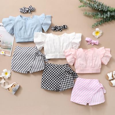 Toddler Baby Girls RUffles Solid Tops+Striped Printed Shorts Headbands Outfits