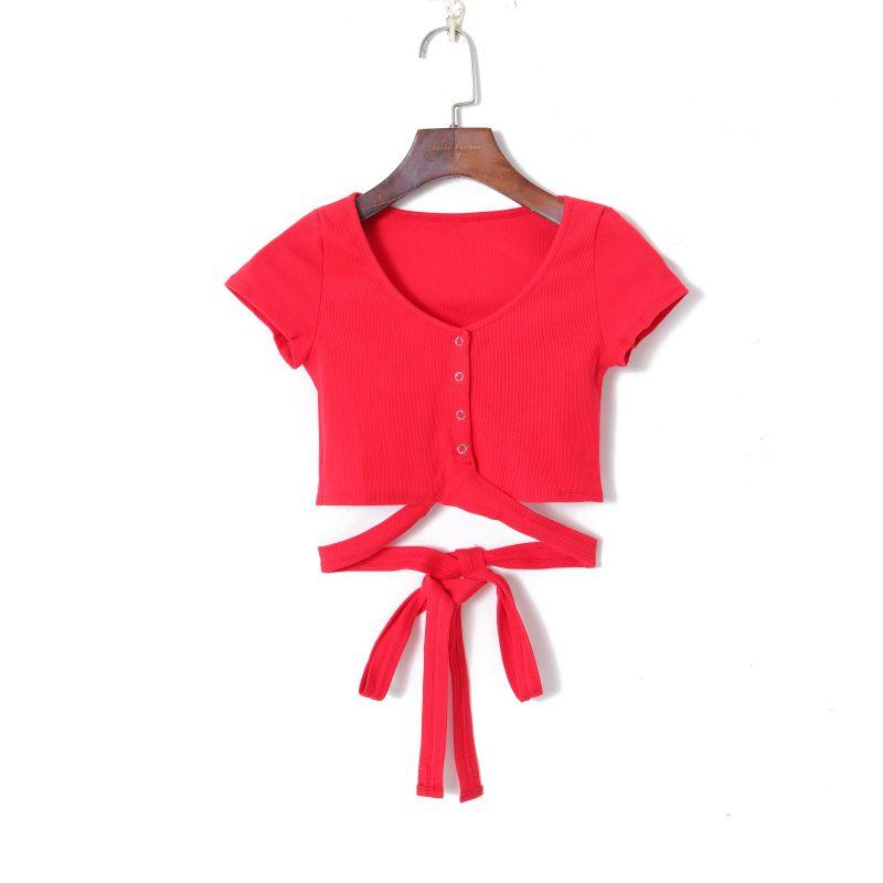 

Women s Single-Breasted Lace up Show Umbilical T-shirt Red S