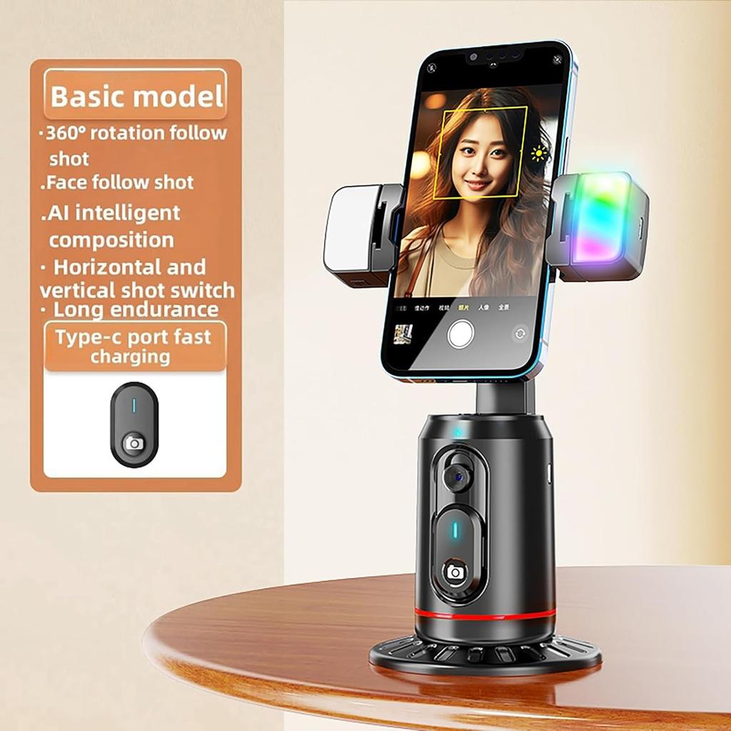 Auto Face Tracking Tripod 360° Rotating Auto Tracking Phone Stand, No App, Gesture Control Smart Shooting Camera Mount with Selfie Light and Remote