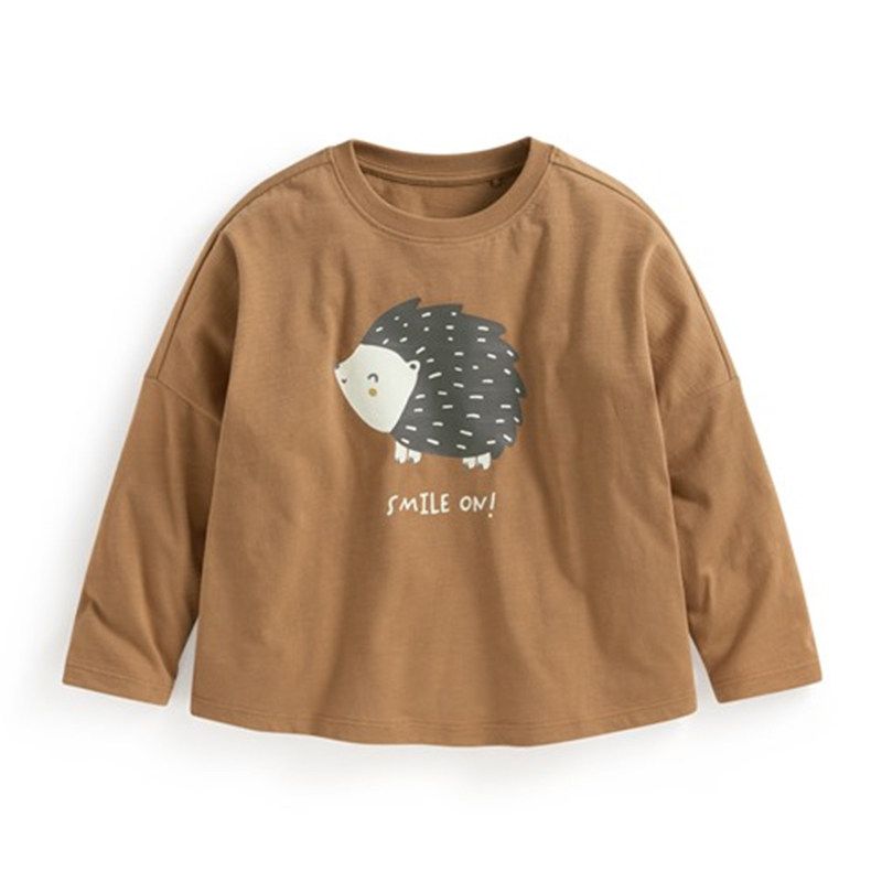 Pure Cotton Long-Sleeve Base Shirt, Spring and Autumn Style, Unisex Children s Long-Sleeve T-Shirt, Bamboo Cotton Breathable Top, Cartoon Design Brown Hedgehog 120