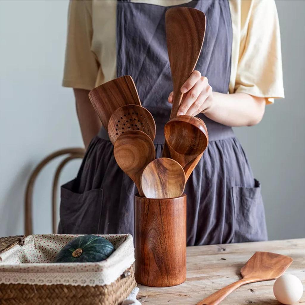 Natuurlijk Teakhout Keukengerei - Comfortabele Handgreep Kooklepels En Gereedschap, Keukengerei, Houten Kookgerei Voor De Keuken
