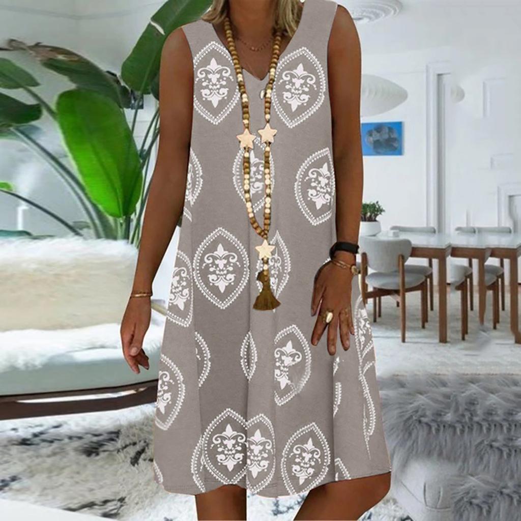 Women Vintage Casual Summer Floral Print V-Neck Short Sleeve Dress  Dress