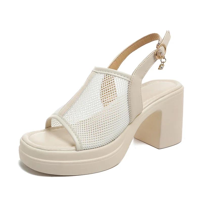 Fashion Elegant Woman Heeled Shoes 2025 High Quality Buckle Strap Women's Sandals Fashion Peep Toe Mesh Casual Women New Heeled Sandals