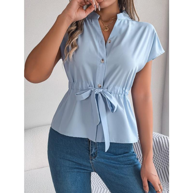 Women Light Blue Stand Collar Batwing Sleeve Tie Waist Button Down Blouse