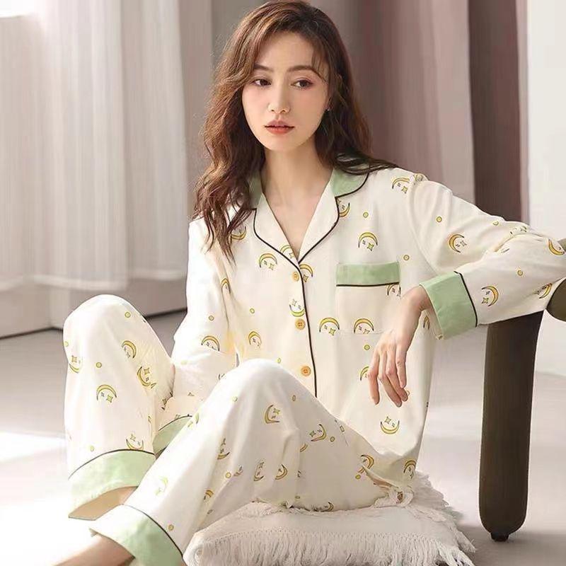 Women's Korean-Style Cartoon Pajama Set - 100% Cotton, Long-Sleeved, Suitable for Spring, Autumn, and Winter, with Cardigan for Home Wear.