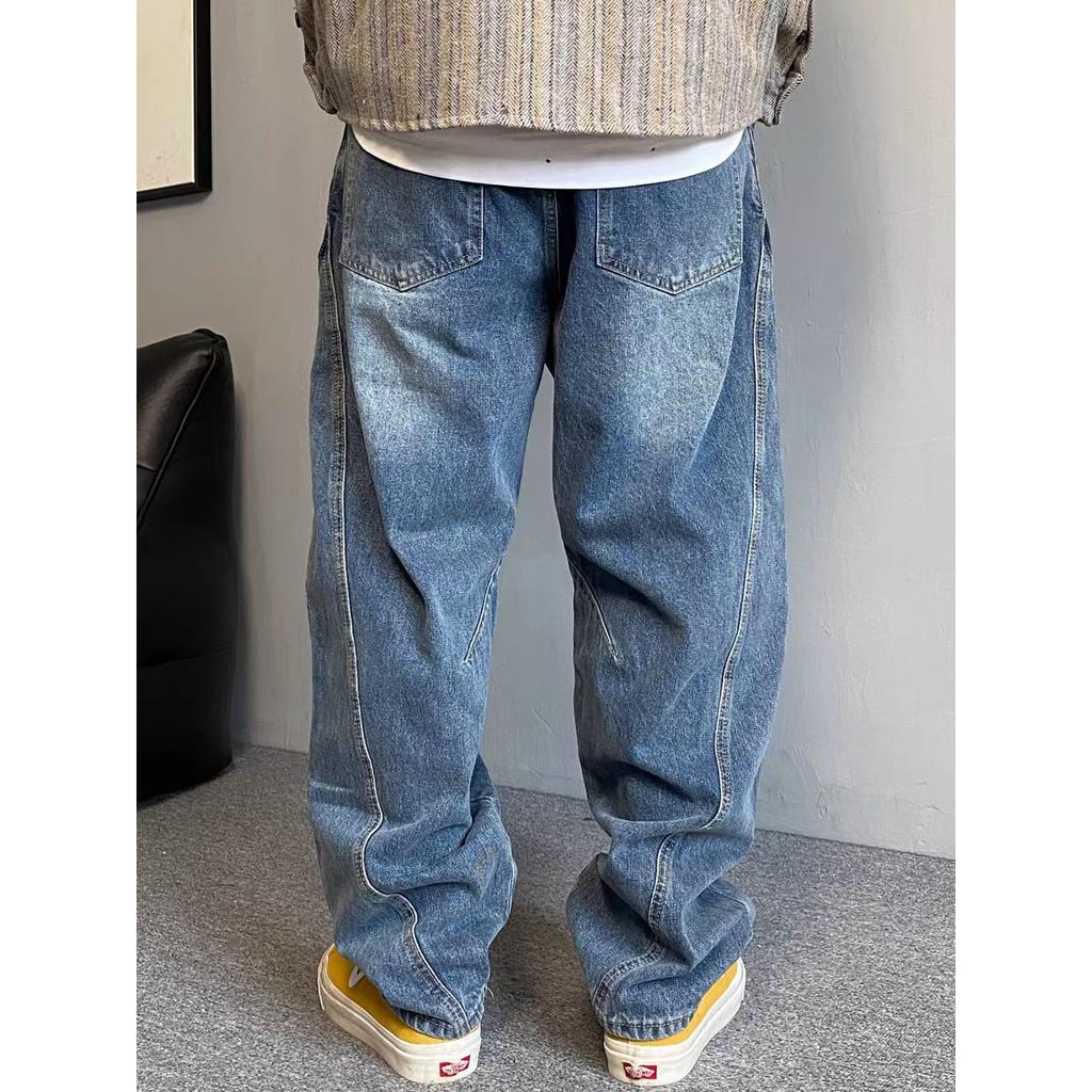 Męskie jeansy oversize vintage casual luźne proste zwężane spodnie dżinsowe mocno sprane szerokie nogawki grube jeansy plus size