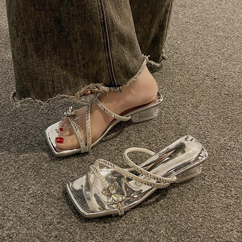 High Heels New Shoes Flip-flops Square Toe Thick-heeled Slippers