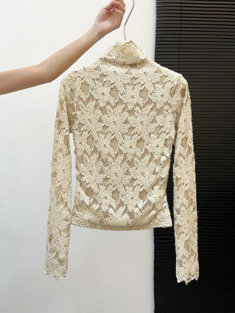 Elegant French Lace Half-high Collar Top with Warm Velvet Lining - Trendy Long-sleeved Socialite Style