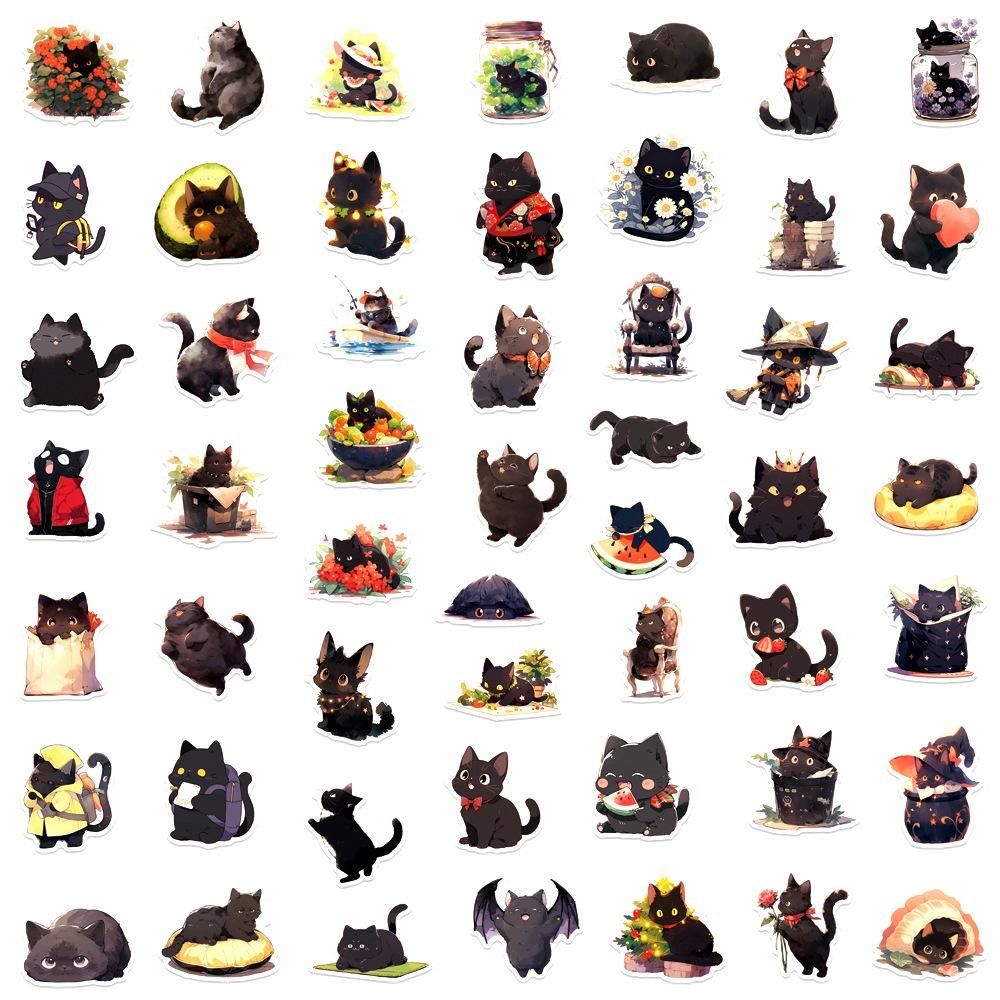 50 100Pcs Cute Black Cat Stickers Laptop Phone Case Notebook Scrapbooking Car Vinyl Waterproof Cartoon Cats Decal Kids Gift Toy