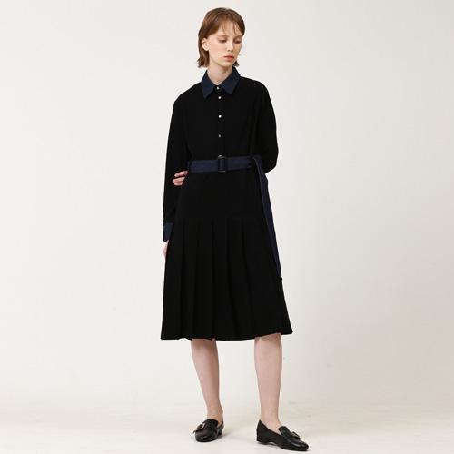 Bunderghost Denim Color Block Pleated Long Dress Black