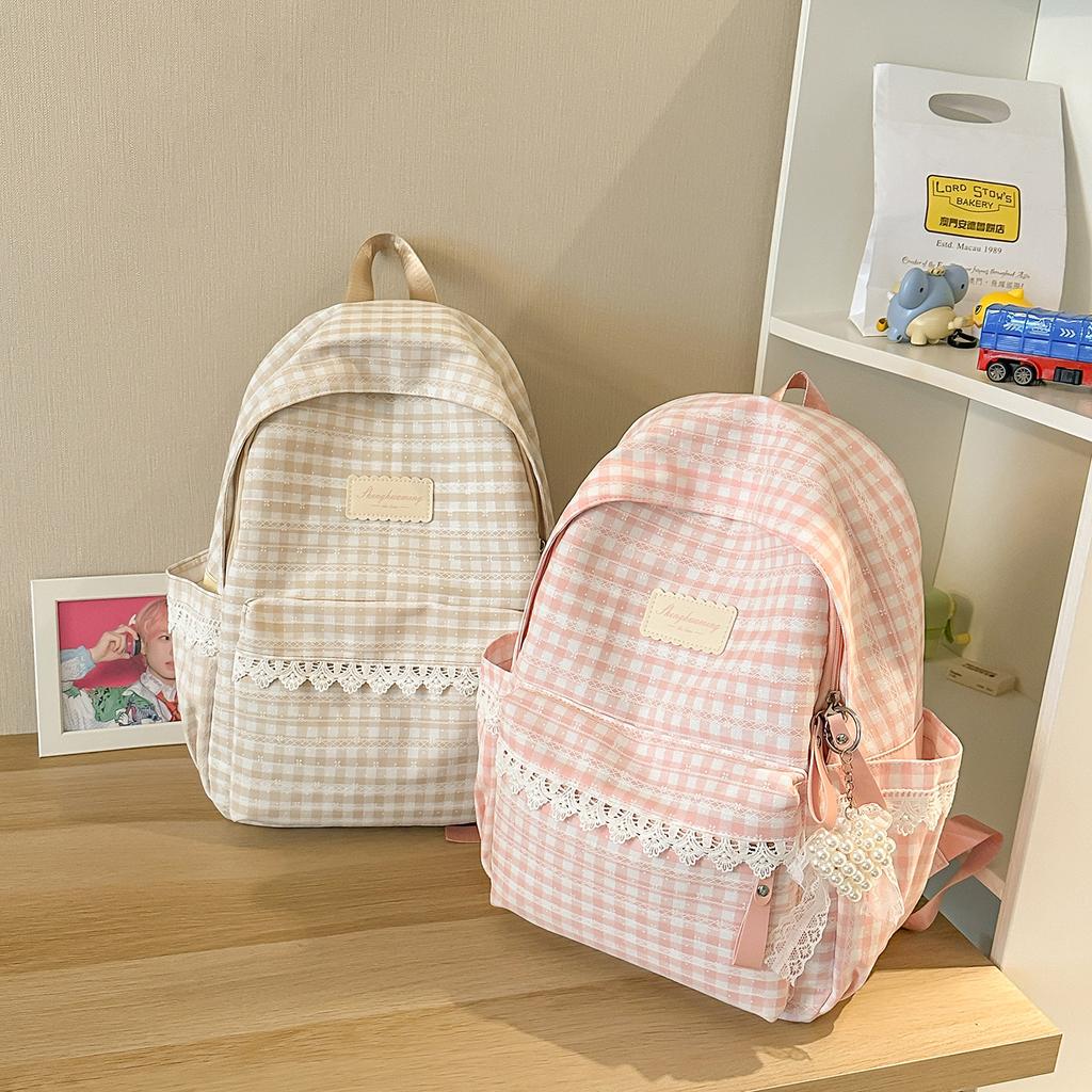 Schoolbag Korean fresh plaid corrugated backpack girl heart lace small schoolbag girls junior high school students female commuter bag