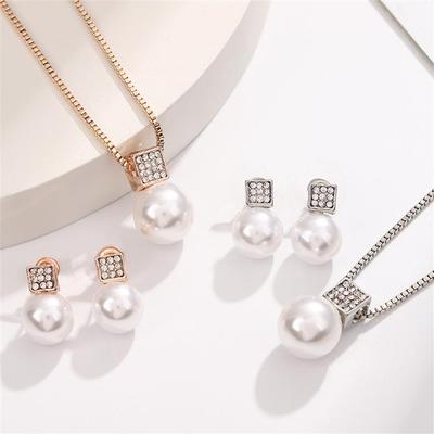 European & American Square Diamond Pearl Pendant Jewelry Set: Necklace & Earrings for Brides