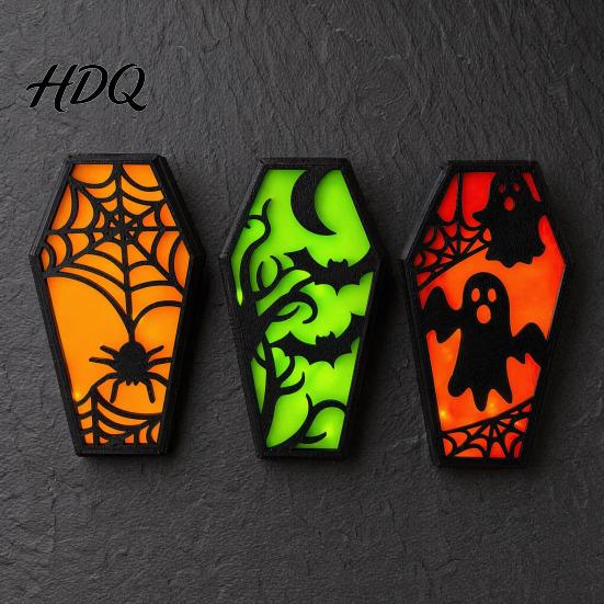 Solid Wood Halloween Craft Casket Decor, DIY Bat Ghost Ornament with Lights, Three-dimensional Spooky Decor Graveyard Scene Prop for Party Home