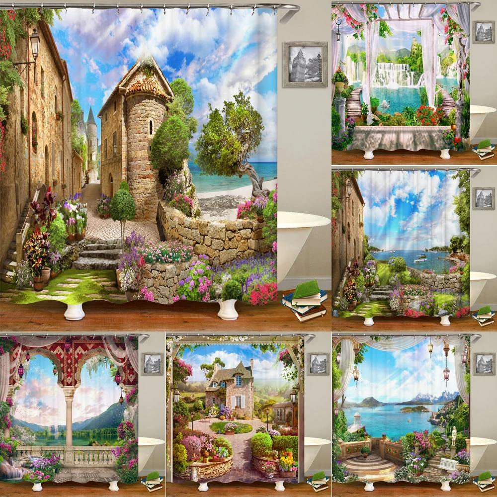 Monika Chen Flowers Garden Landscape Shower Curtain European Retro Rural Scenery Wall Decor Hanging Curtain Waterproof Bathroom Curtains