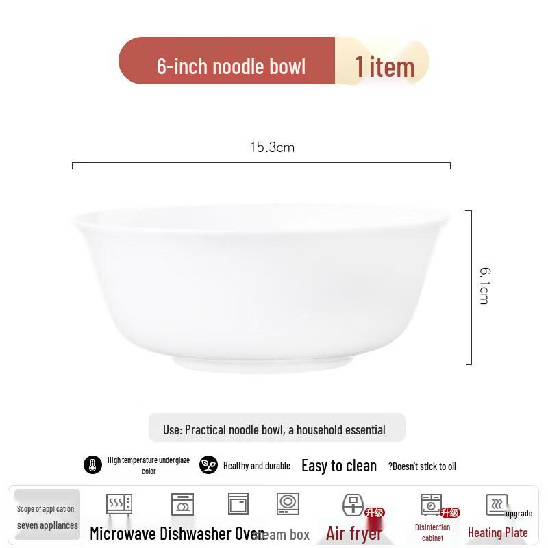 Pure White 6-Inch Bone China Noodle Bowl
