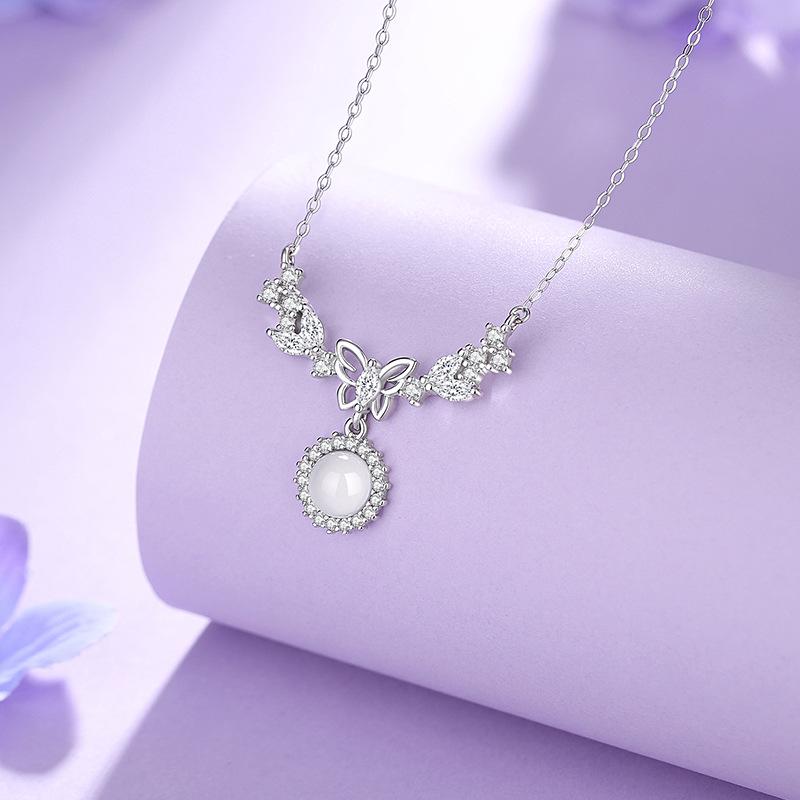 S925 Sterling Silver Moonlight Butterfly Chalcedony Necklace - Elegant Chinese Style Clavicle Chain