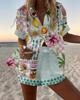 Linglong hemp European and American personality bright digital printing new casual summer top women's suit two-piece set