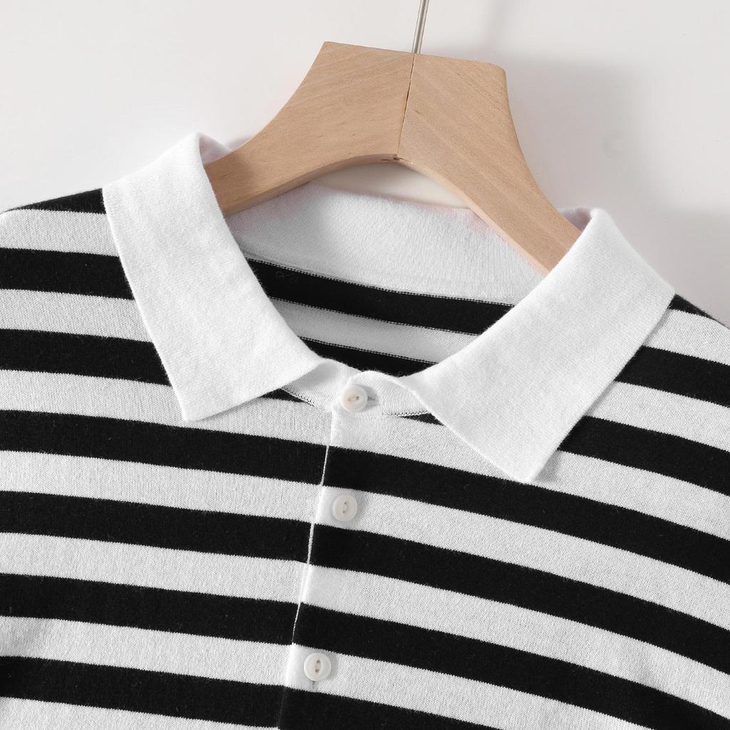 Vintage Black and White Striped Short Sleeve Polo Shirt